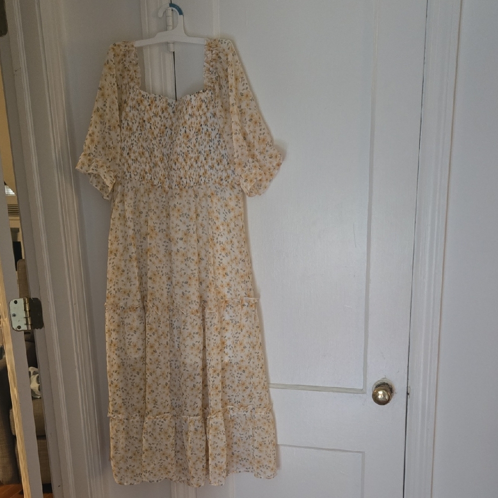 Women's Yellow Midi Tiered Smocked Dress